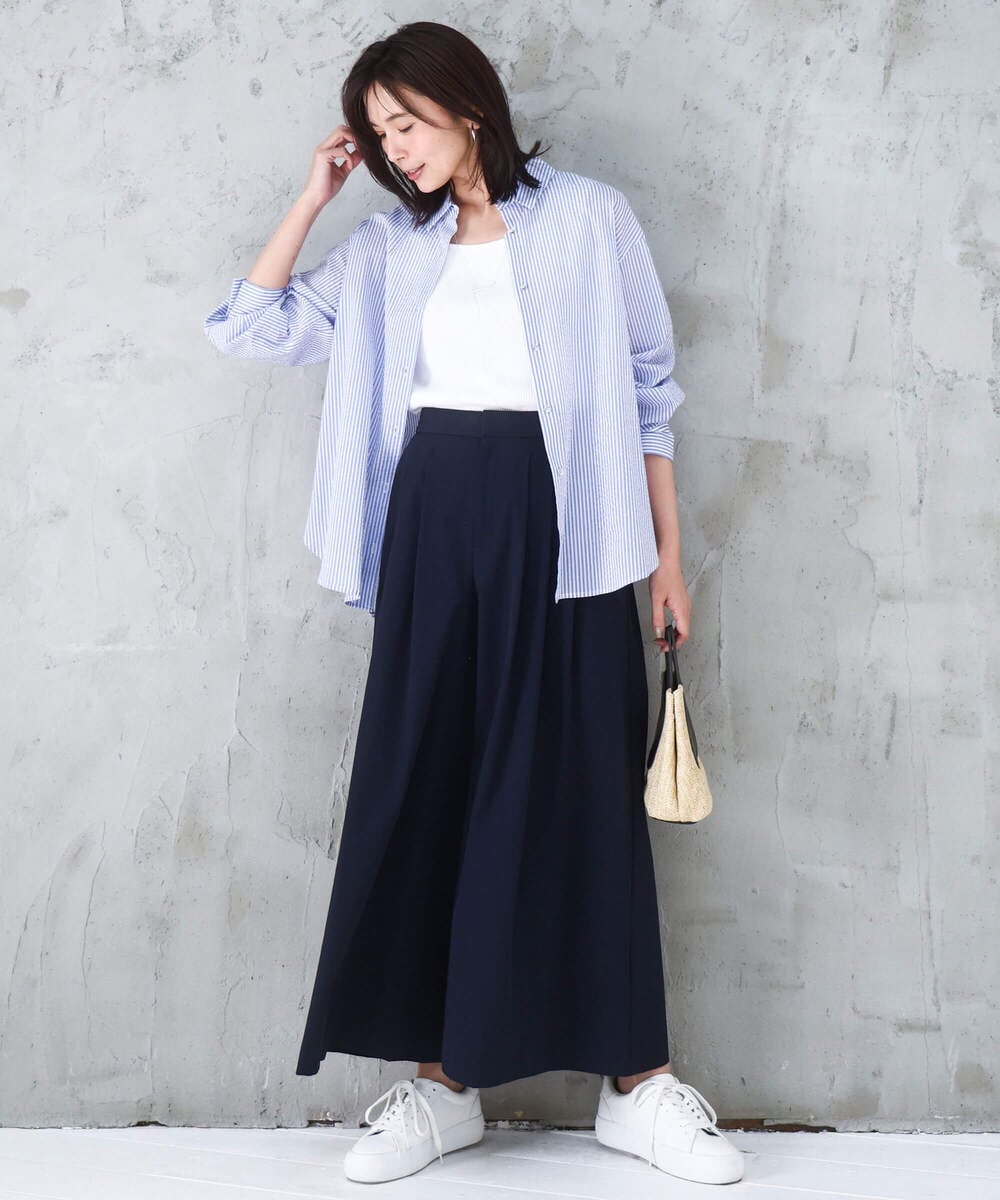 FOBGD46150 MK MICHEL KLEIN(MK ミッシェルクラン) [洗える]ストライプ柄サッカーシャツブラウス ネイビー