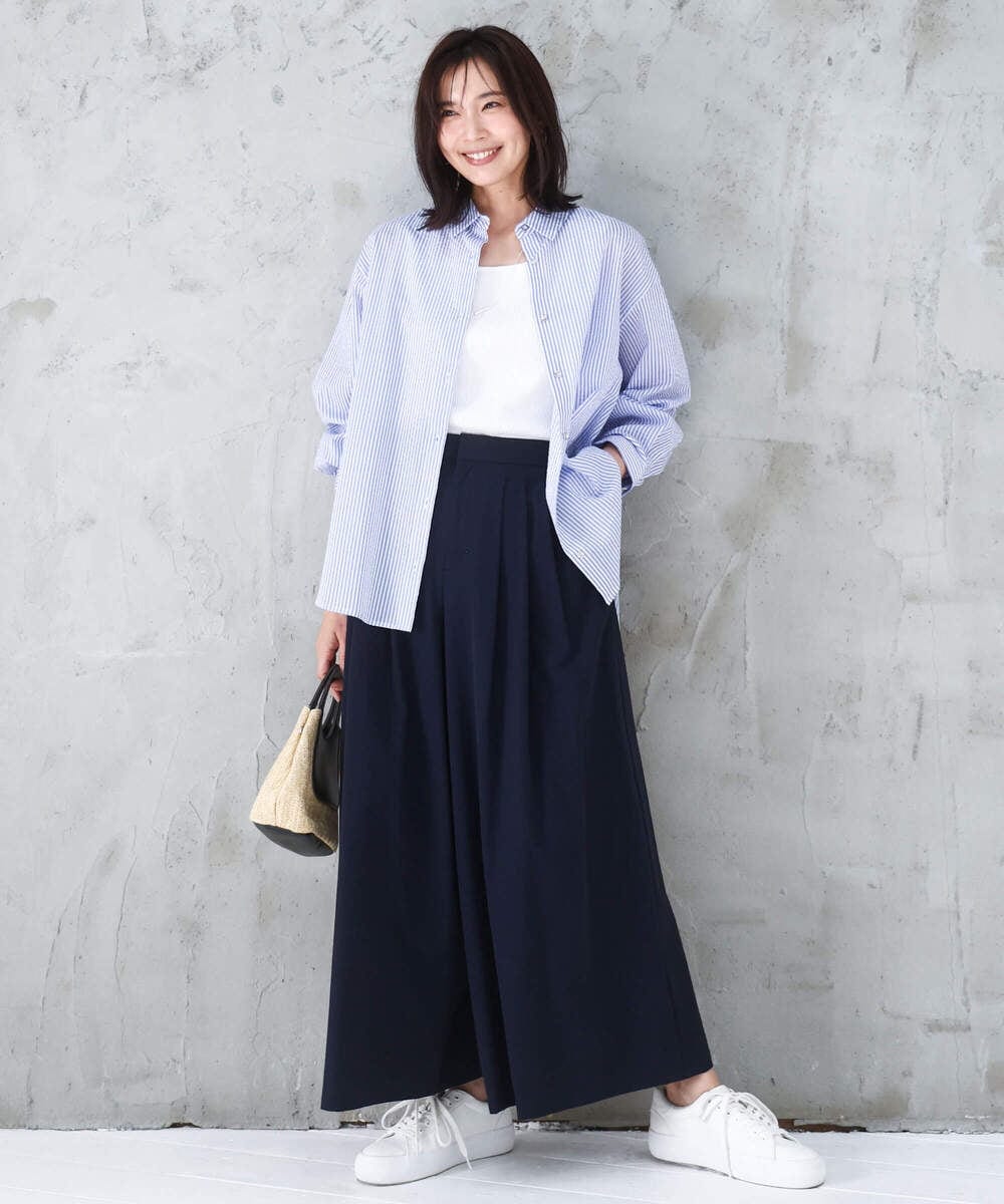 FOBGD46150 MK MICHEL KLEIN(MK ミッシェルクラン) [洗える]ストライプ柄サッカーシャツブラウス ネイビー