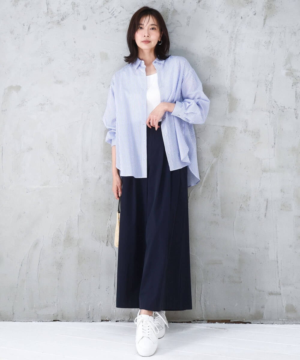 FOBGD46150 MK MICHEL KLEIN(MK ミッシェルクラン) [洗える]ストライプ柄サッカーシャツブラウス ネイビー