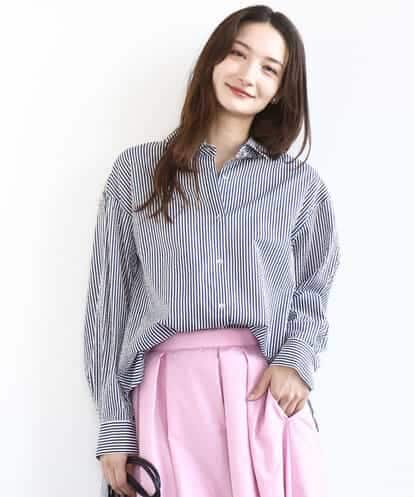 FOBGD46150 MK MICHEL KLEIN [洗える]ストライプ柄サッカーシャツブラウス