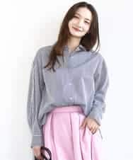 FOBGD46150 MK MICHEL KLEIN(MK ミッシェルクラン) [洗える]ストライプ柄サッカーシャツブラウス ネイビー