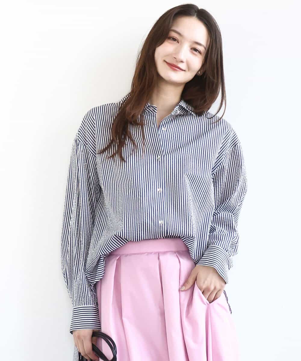 FOBGD46150 MK MICHEL KLEIN(MK ミッシェルクラン) [洗える]ストライプ柄サッカーシャツブラウス ネイビー