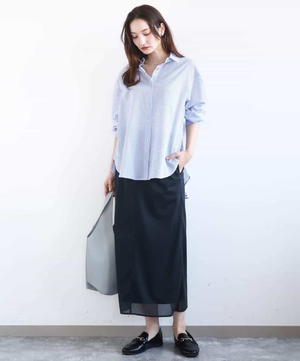 FOBGD46150 MK MICHEL KLEIN(MK ミッシェルクラン) [洗える]ストライプ柄サッカーシャツブラウス ネイビー