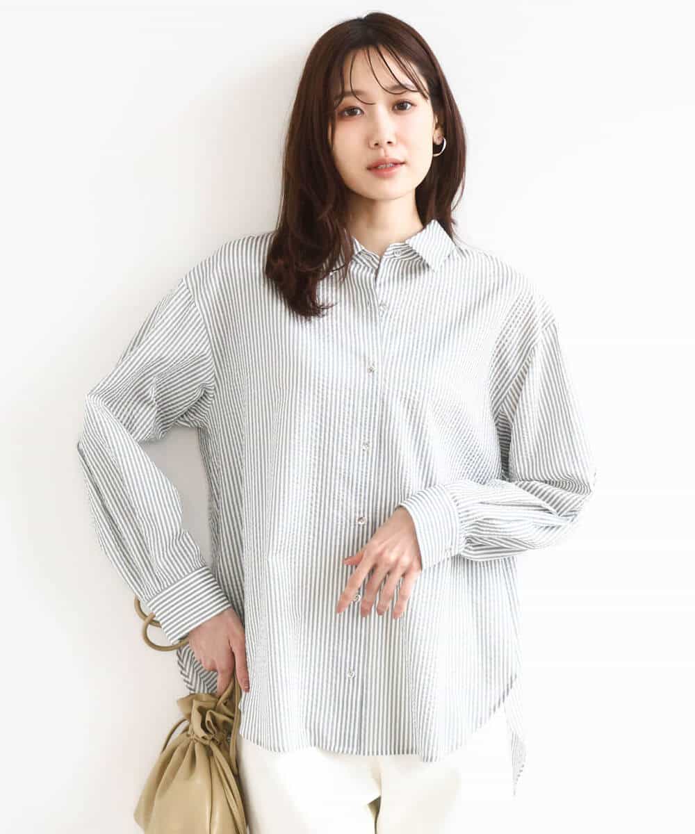 FOBGD46150 MK MICHEL KLEIN(MK ミッシェルクラン) [洗える]ストライプ柄サッカーシャツブラウス ネイビー