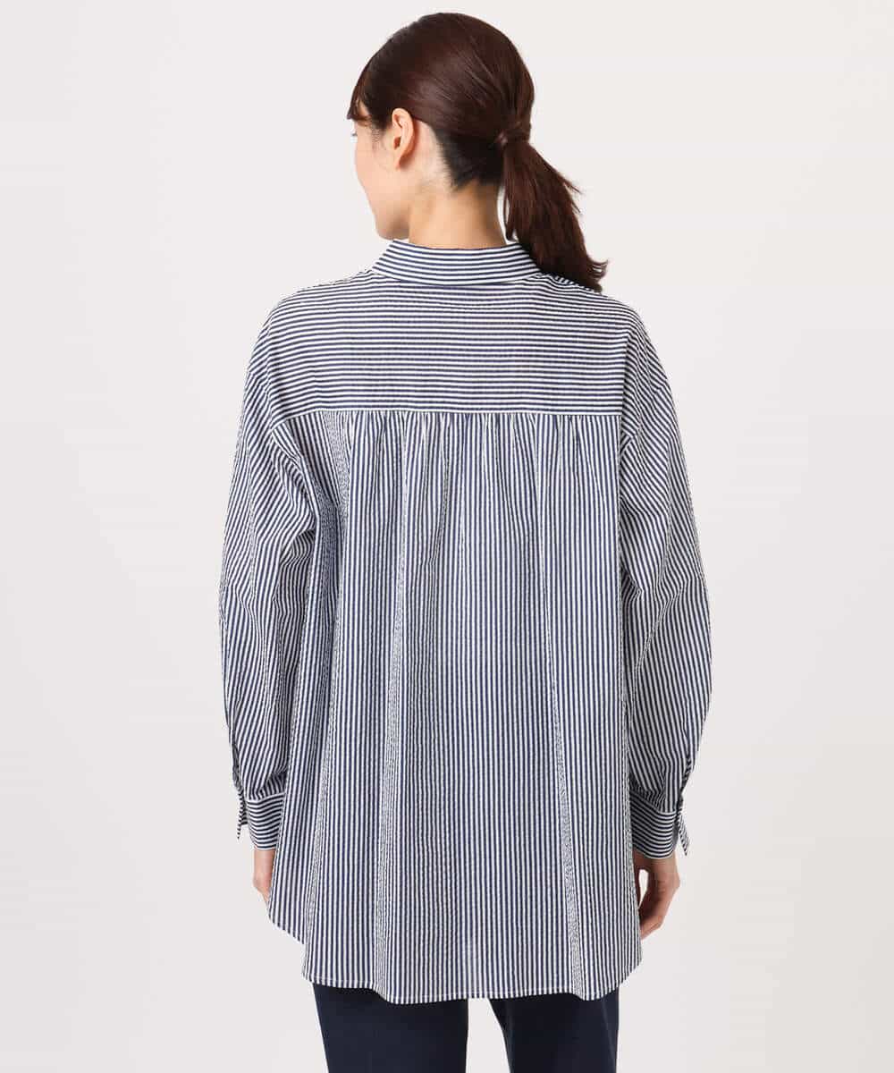 FOBGD46150 MK MICHEL KLEIN(MK ミッシェルクラン) [洗える]ストライプ柄サッカーシャツブラウス ネイビー
