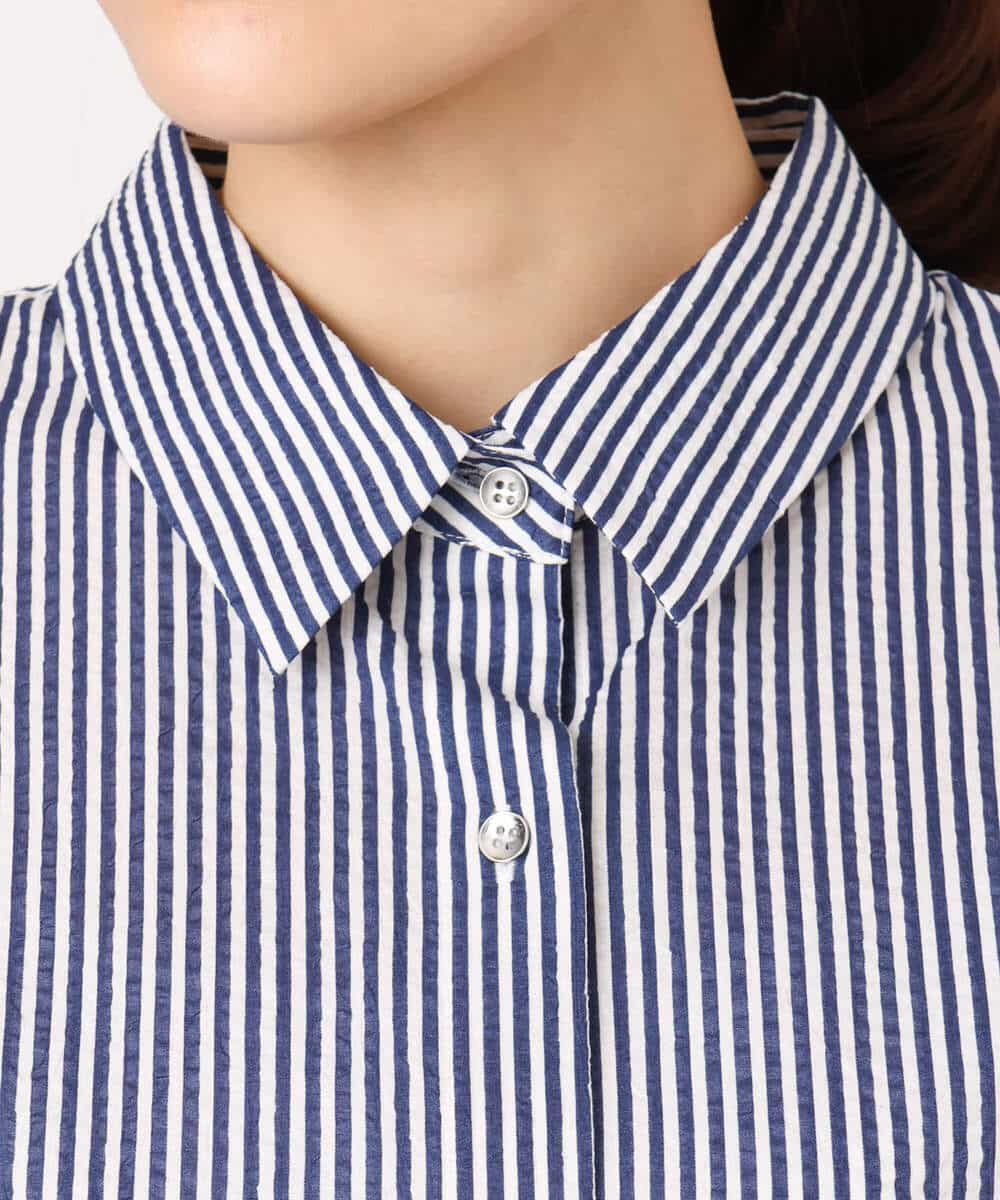 FOBGD46150 MK MICHEL KLEIN(MK ミッシェルクラン) [洗える]ストライプ柄サッカーシャツブラウス ネイビー