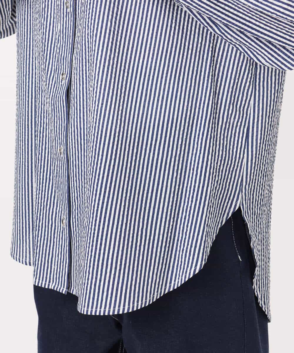 FOBGD46150 MK MICHEL KLEIN(MK ミッシェルクラン) [洗える]ストライプ柄サッカーシャツブラウス ネイビー