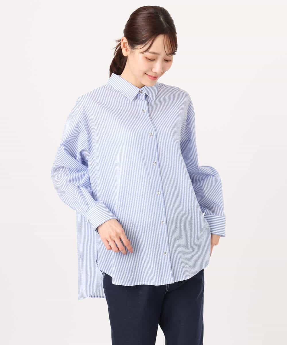 FOBGD46150 MK MICHEL KLEIN(MK ミッシェルクラン) [洗える]ストライプ柄サッカーシャツブラウス ネイビー