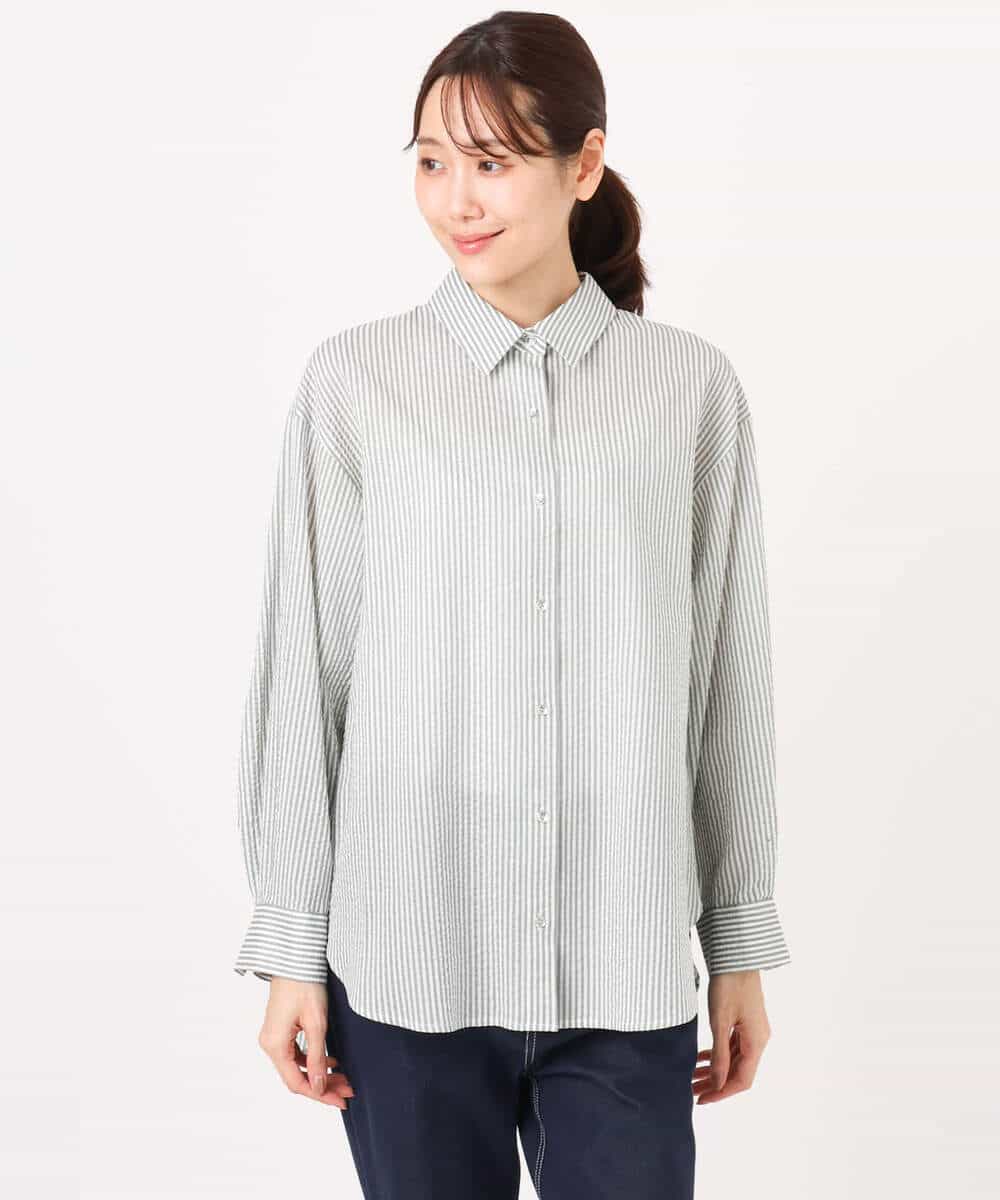 FOBGD46150 MK MICHEL KLEIN(MK ミッシェルクラン) [洗える]ストライプ柄サッカーシャツブラウス ネイビー