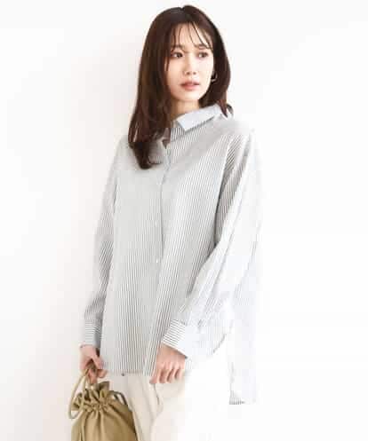 FOBGD46150 MK MICHEL KLEIN [洗える]ストライプ柄サッカーシャツブラウス