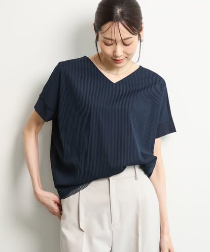 FOKGD40110 MK MICHEL KLEIN [接触冷感/洗える]ストライプチュールカットソー