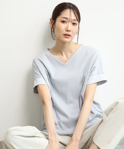 FOKGD40110 MK MICHEL KLEIN [接触冷感/洗える]ストライプチュールカットソー