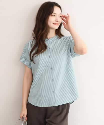 FOKID70140 MK MICHEL KLEIN [接触冷感/洗える]バンドカラーストライプ柄カットソー