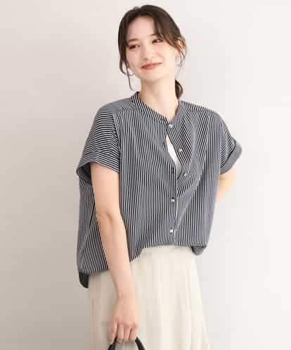 FOKID70140 MK MICHEL KLEIN [接触冷感/洗える]バンドカラーストライプ柄カットソー
