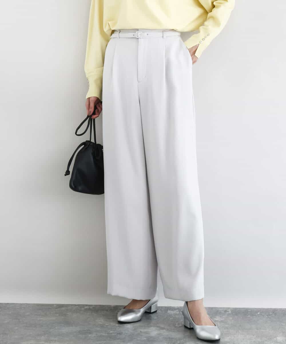FOLFD24160 MK MICHEL KLEIN(MK ミッシェルクラン) [撥水/防シワ/洗える]共地ベルト付きワイドパンツ ライトグレー