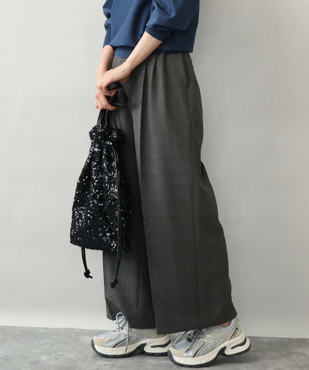 FOLJE45160 MK MICHEL KLEIN(MK ミッシェルクラン) [洗える/イージーケア/抗ピリング/ナチュラルストレッチ/ソフトタッチ]ストレートワイドシルエットパンツ（チェック） ダークグレー