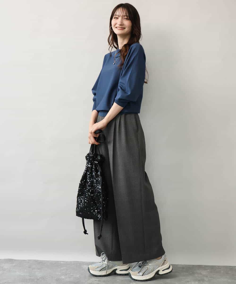 FOLJE45160 MK MICHEL KLEIN(MK ミッシェルクラン) [洗える/イージーケア/抗ピリング/ナチュラルストレッチ/ソフトタッチ]ストレートワイドシルエットパンツ（チェック） ダークグレー