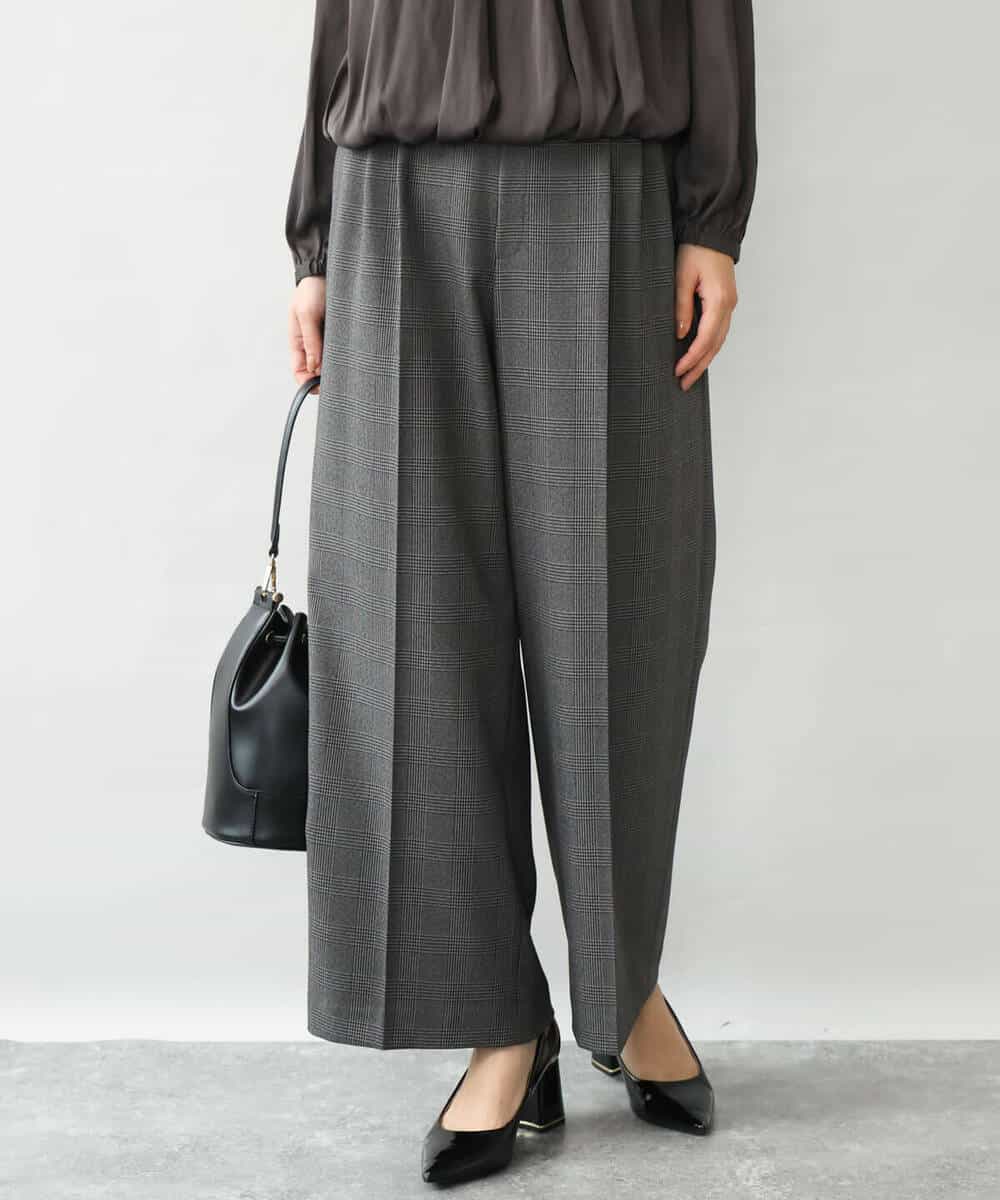 FOLJE45160 MK MICHEL KLEIN(MK ミッシェルクラン) [洗える/イージーケア/抗ピリング/ナチュラルストレッチ/ソフトタッチ]ストレートワイドシルエットパンツ（チェック） ダークグレー
