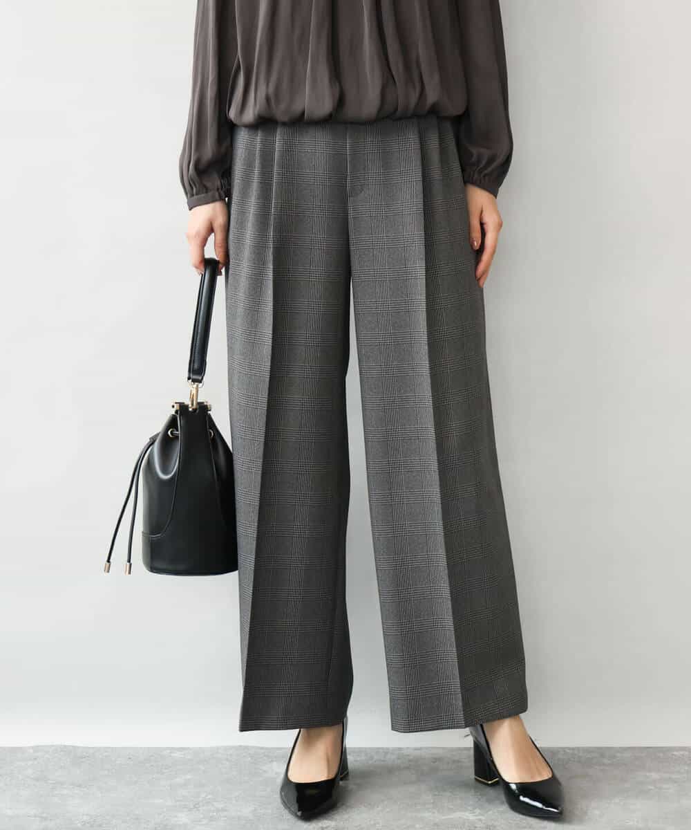 FOLJE45160 MK MICHEL KLEIN(MK ミッシェルクラン) [洗える/イージーケア/抗ピリング/ナチュラルストレッチ/ソフトタッチ]ストレートワイドシルエットパンツ（チェック） ダークグレー