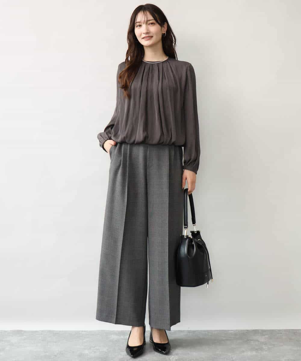 FOLJE45160 MK MICHEL KLEIN(MK ミッシェルクラン) [洗える/イージーケア/抗ピリング/ナチュラルストレッチ/ソフトタッチ]ストレートワイドシルエットパンツ（チェック） ダークグレー
