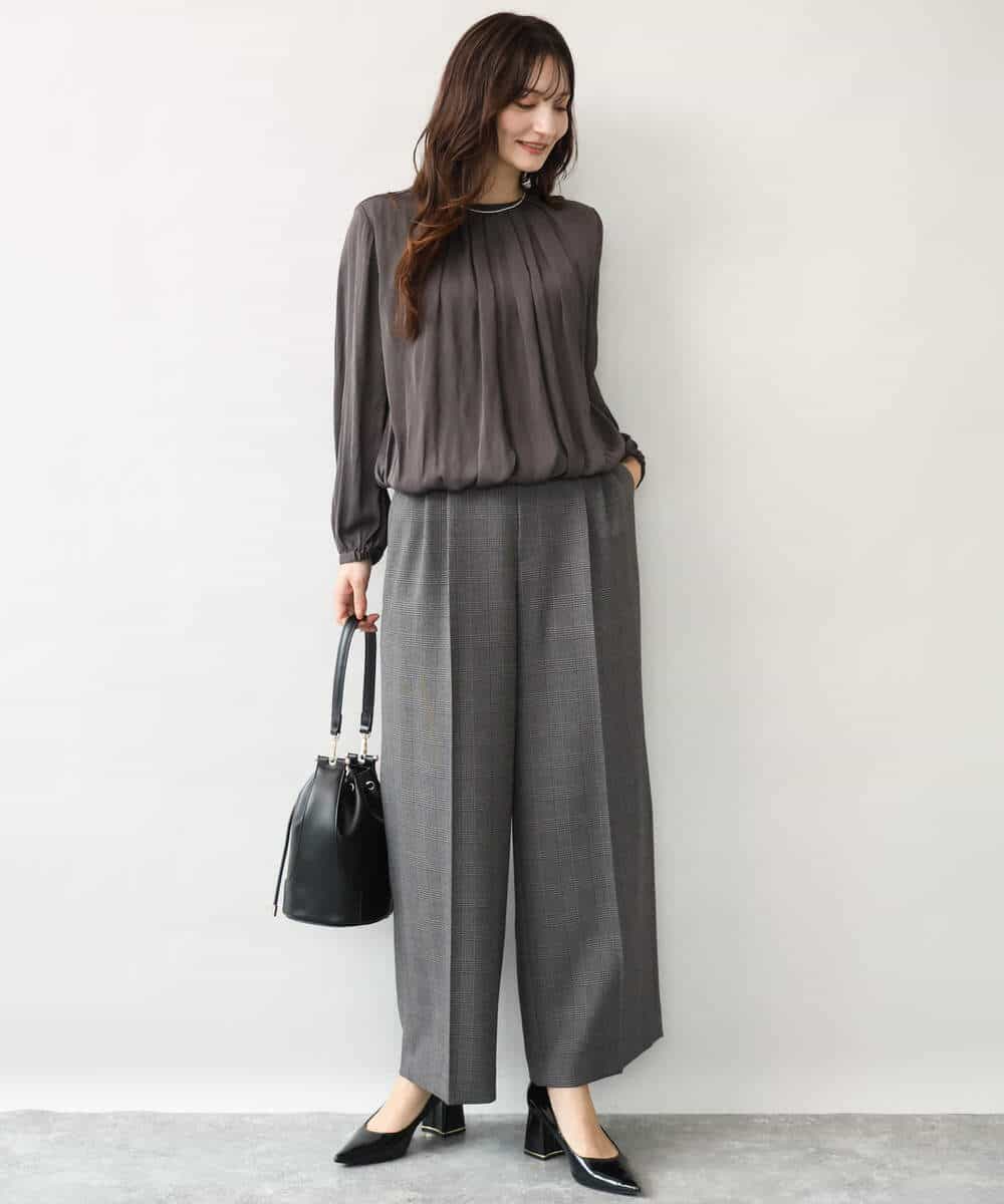 FOLJE45160 MK MICHEL KLEIN(MK ミッシェルクラン) [洗える/イージーケア/抗ピリング/ナチュラルストレッチ/ソフトタッチ]ストレートワイドシルエットパンツ（チェック） ダークグレー