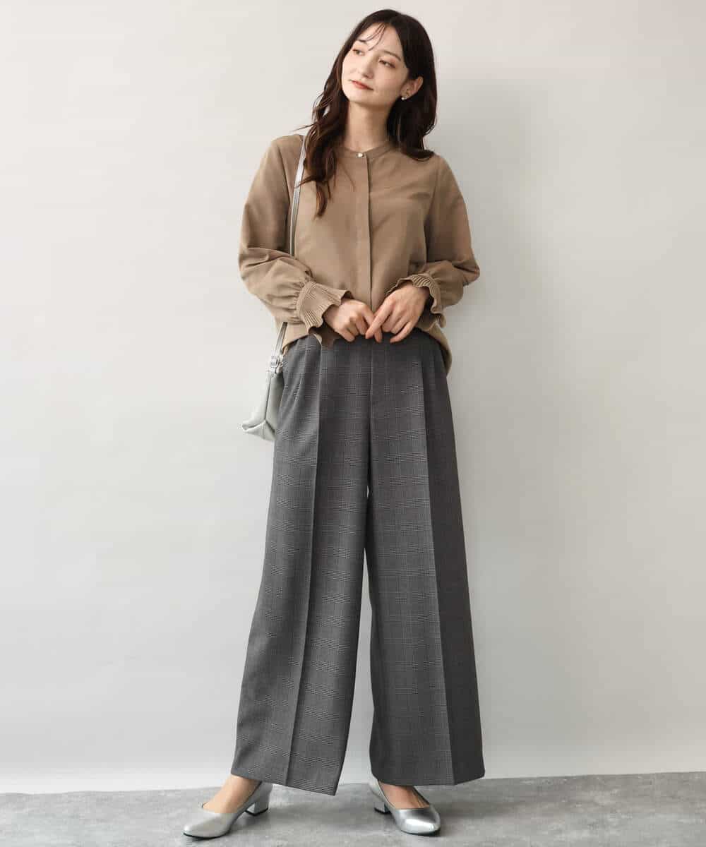 FOLJE45160 MK MICHEL KLEIN(MK ミッシェルクラン) [洗える/イージーケア/抗ピリング/ナチュラルストレッチ/ソフトタッチ]ストレートワイドシルエットパンツ（チェック） ダークグレー