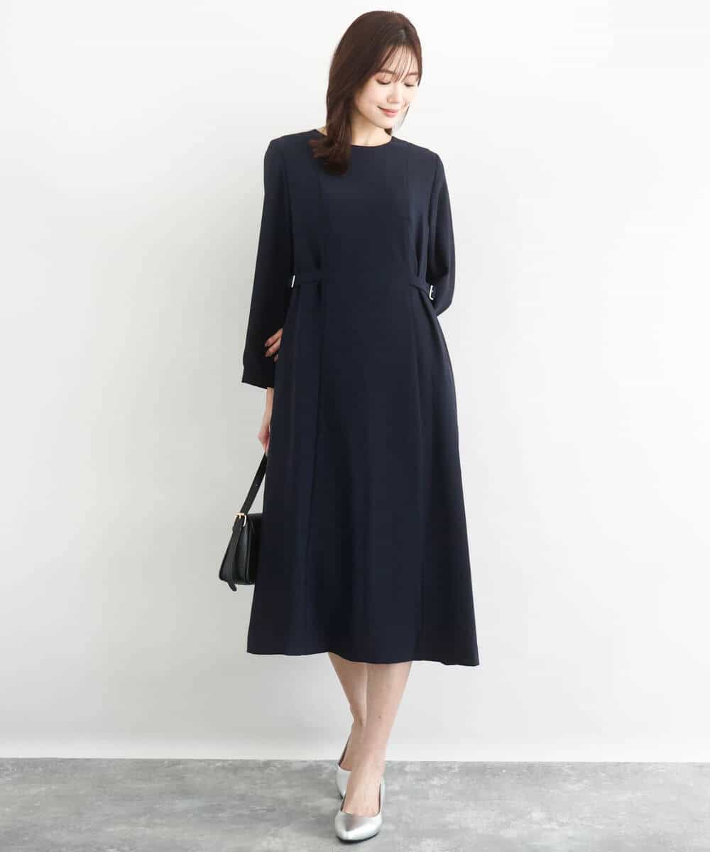 FUEDD04230 MK MICHEL KLEIN(MK ミッシェルクラン) [洗える]サテンジョーゼット サイドベルトワンピース ネイビー