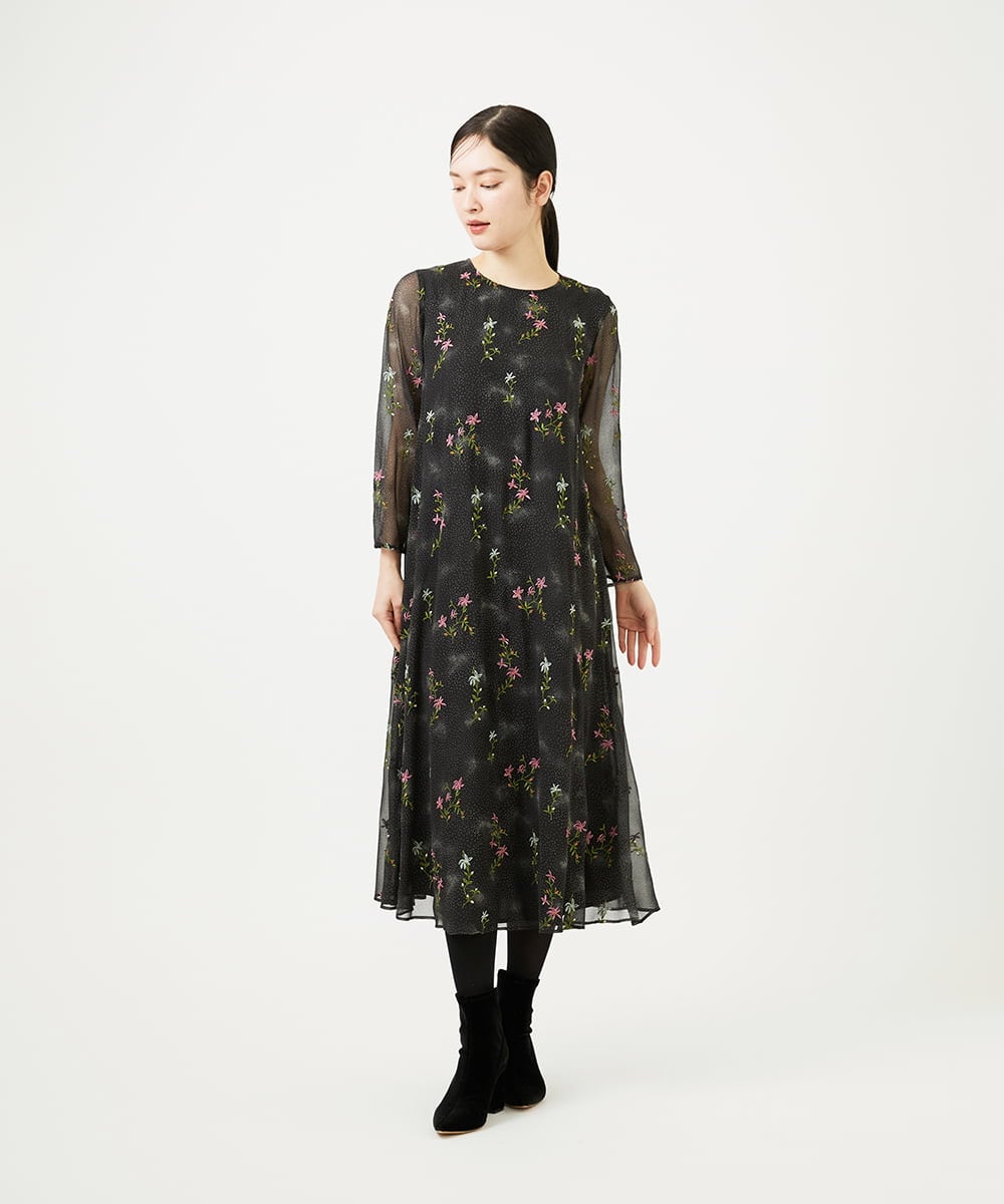 GBEED01900 Sybilla(シビラ) ドットフラワー刺繍ドレス ブラック