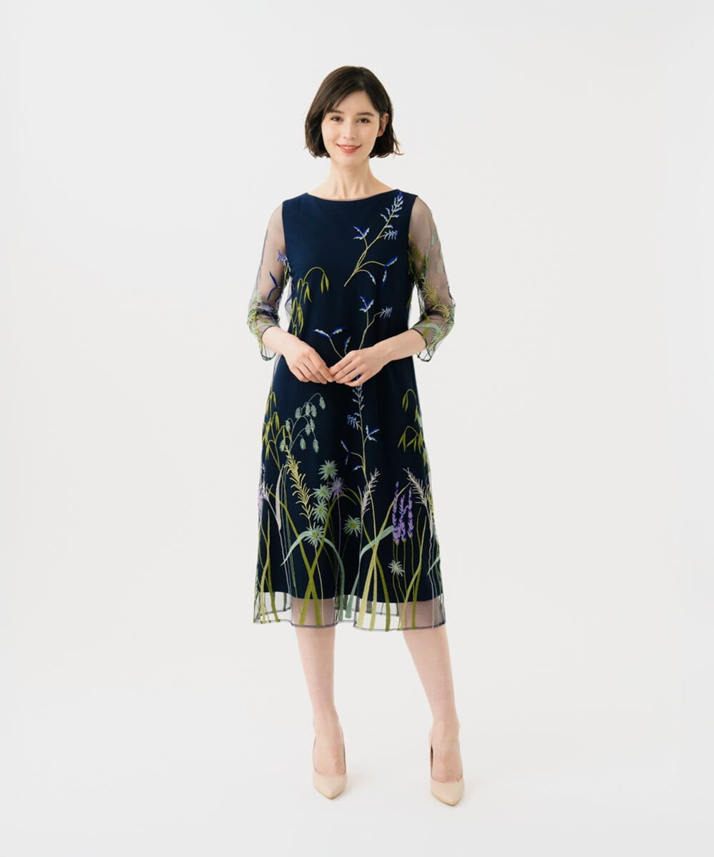 GDPGE91800 Sybilla(シビラ) リーフ刺繍チュールドレス(7分袖) ネイビー