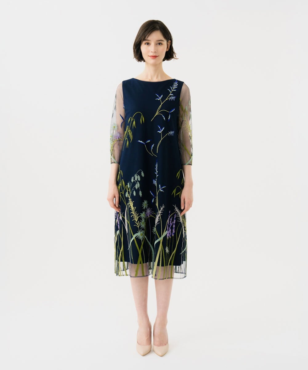 GDPGE91800 Sybilla(シビラ) リーフ刺繍チュールドレス(7分袖) ネイビー