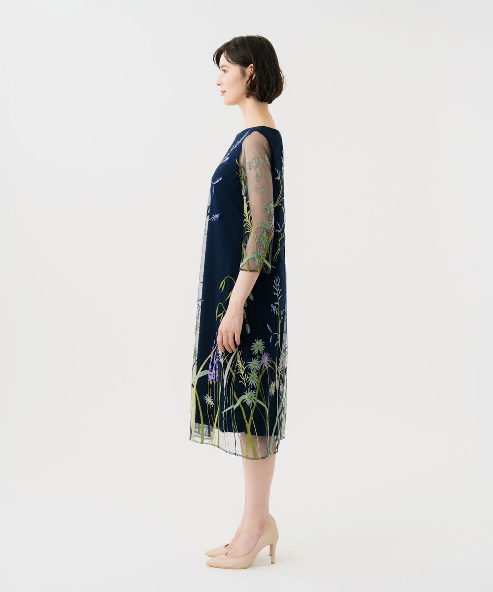 GDPGE91800 Sybilla(シビラ) リーフ刺繍チュールドレス(7分袖) ネイビー