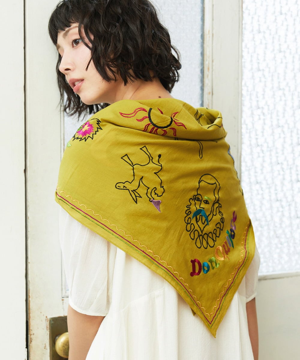 GG3FD30150 Jocomomola(ホコモモラ) ドン・キホーテ アニマルモチーフ刺繍大判スカーフ イエロー