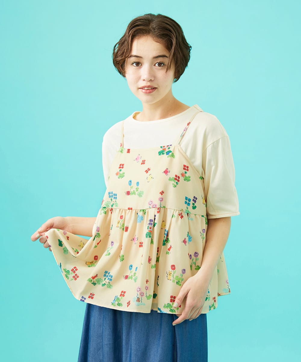 GJBFA01180 Jocomomola(ホコモモラ) Verde pera プリントバックリボンキャミソール ベージュ