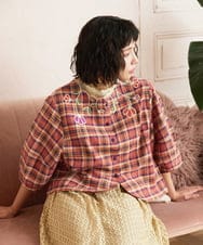 GJBGE02220 Jocomomola(ホコモモラ) Dulcinea チェックフラワースカラップ刺繍ブラウス オレンジ×パープル