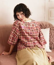 GJBGE02220 Jocomomola(ホコモモラ) Dulcinea チェックフラワースカラップ刺繍ブラウス オレンジ×パープル