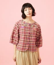 GJBGE02220 Jocomomola(ホコモモラ) Dulcinea チェックフラワースカラップ刺繍ブラウス オレンジ×パープル