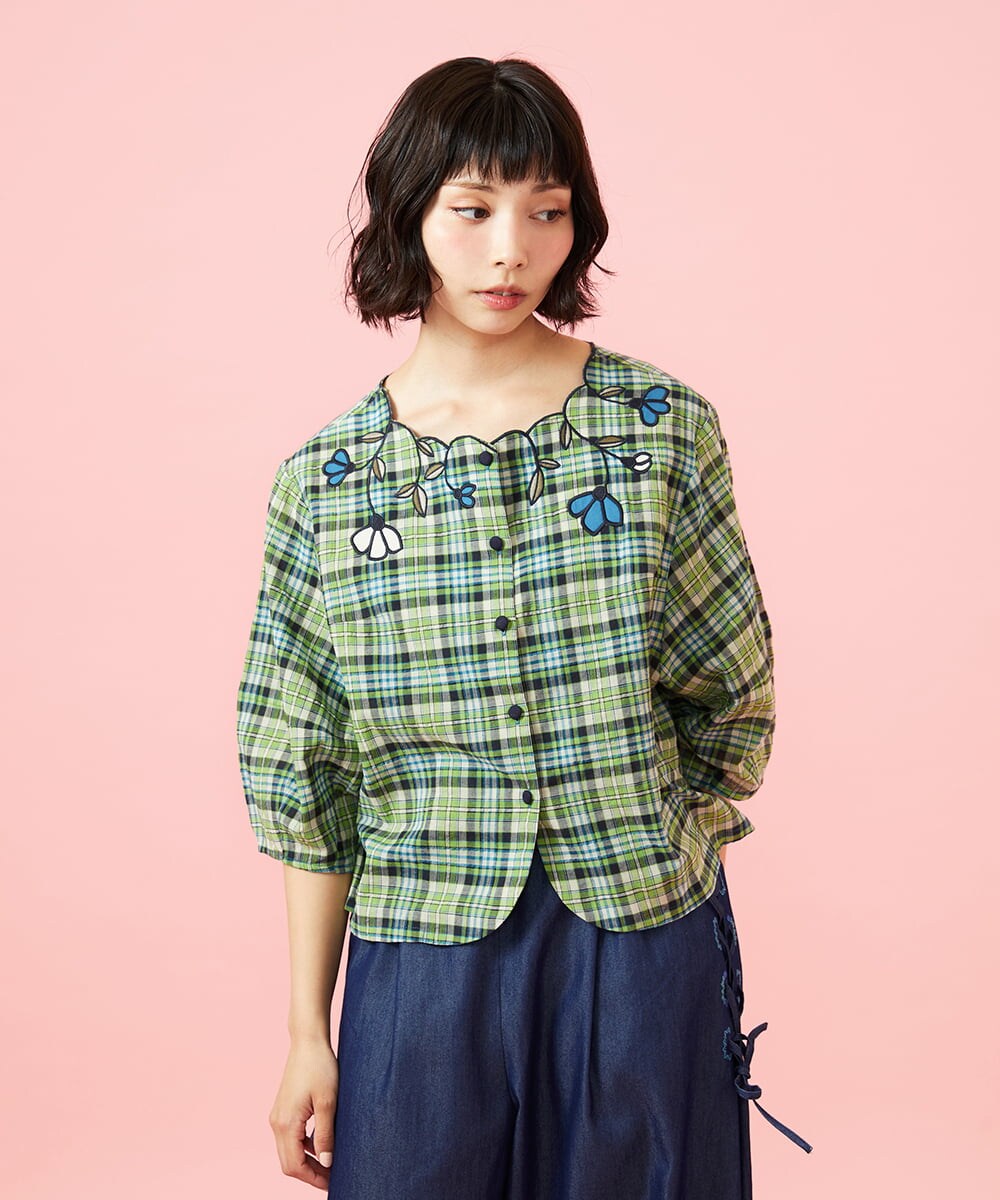 GJBGE02220 Jocomomola(ホコモモラ) Dulcinea チェックフラワースカラップ刺繍ブラウス グリーン×ブルー