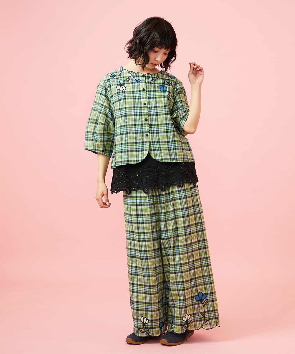 GJBGE02220 Jocomomola(ホコモモラ) Dulcinea チェックフラワースカラップ刺繍ブラウス グリーン×ブルー