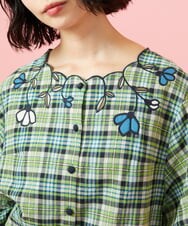 GJBGE02220 Jocomomola(ホコモモラ) Dulcinea チェックフラワースカラップ刺繍ブラウス グリーン×ブルー