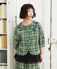 GJBGE02220 Jocomomola(ホコモモラ) Dulcinea チェックフラワースカラップ刺繍ブラウス グリーン×ブルー
