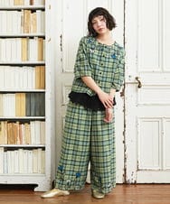GJBGE02220 Jocomomola(ホコモモラ) Dulcinea チェックフラワースカラップ刺繍ブラウス グリーン×ブルー
