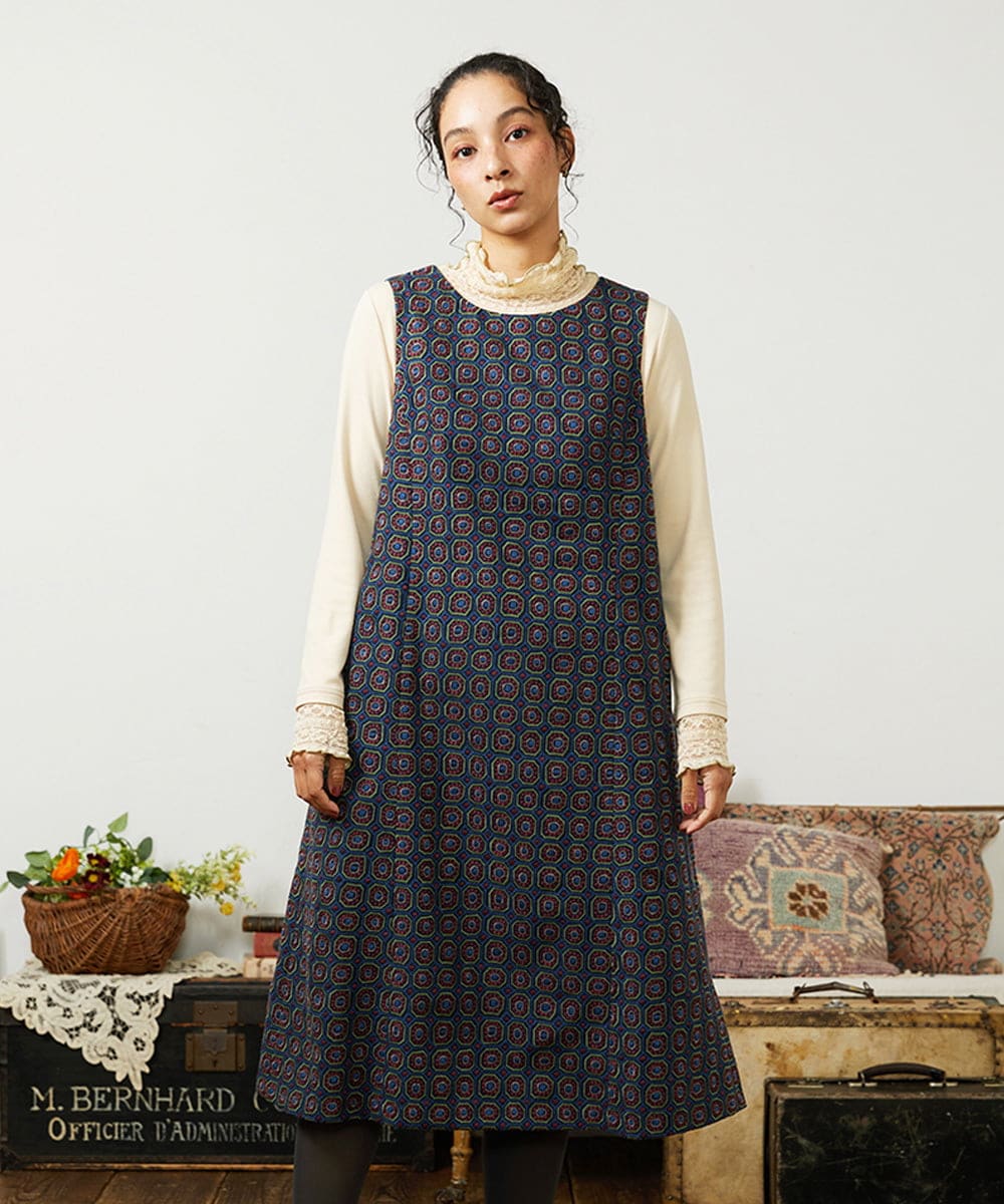 GJECD50350 Jocomomola(ホコモモラ) Escudos 幾何調総刺繍ワンピース［オケージョン/セレモニー］ ネイビー