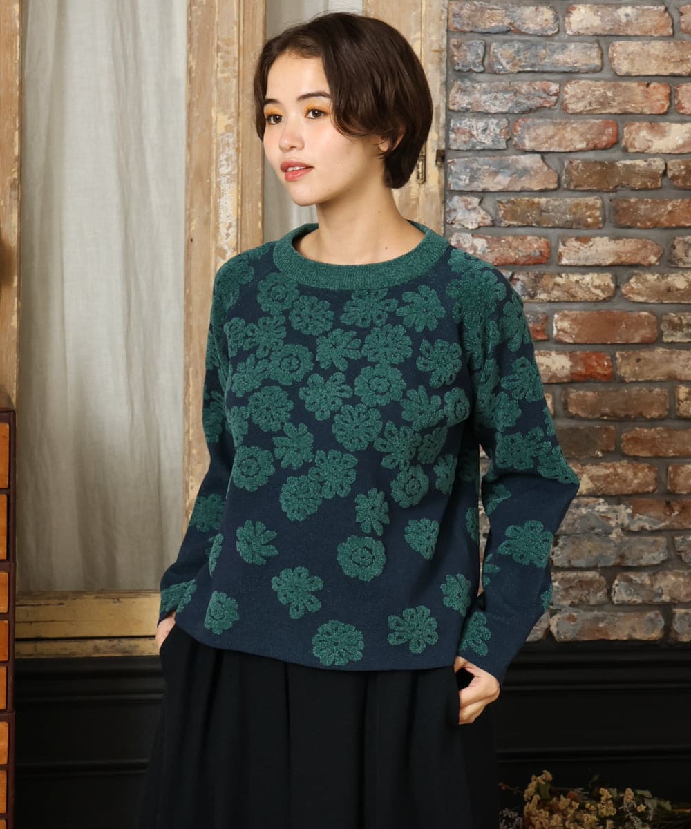 GJFAD01220 Jocomomola(ホコモモラ) Flor suave フラワージャカードニットプルオーバー ネイビー