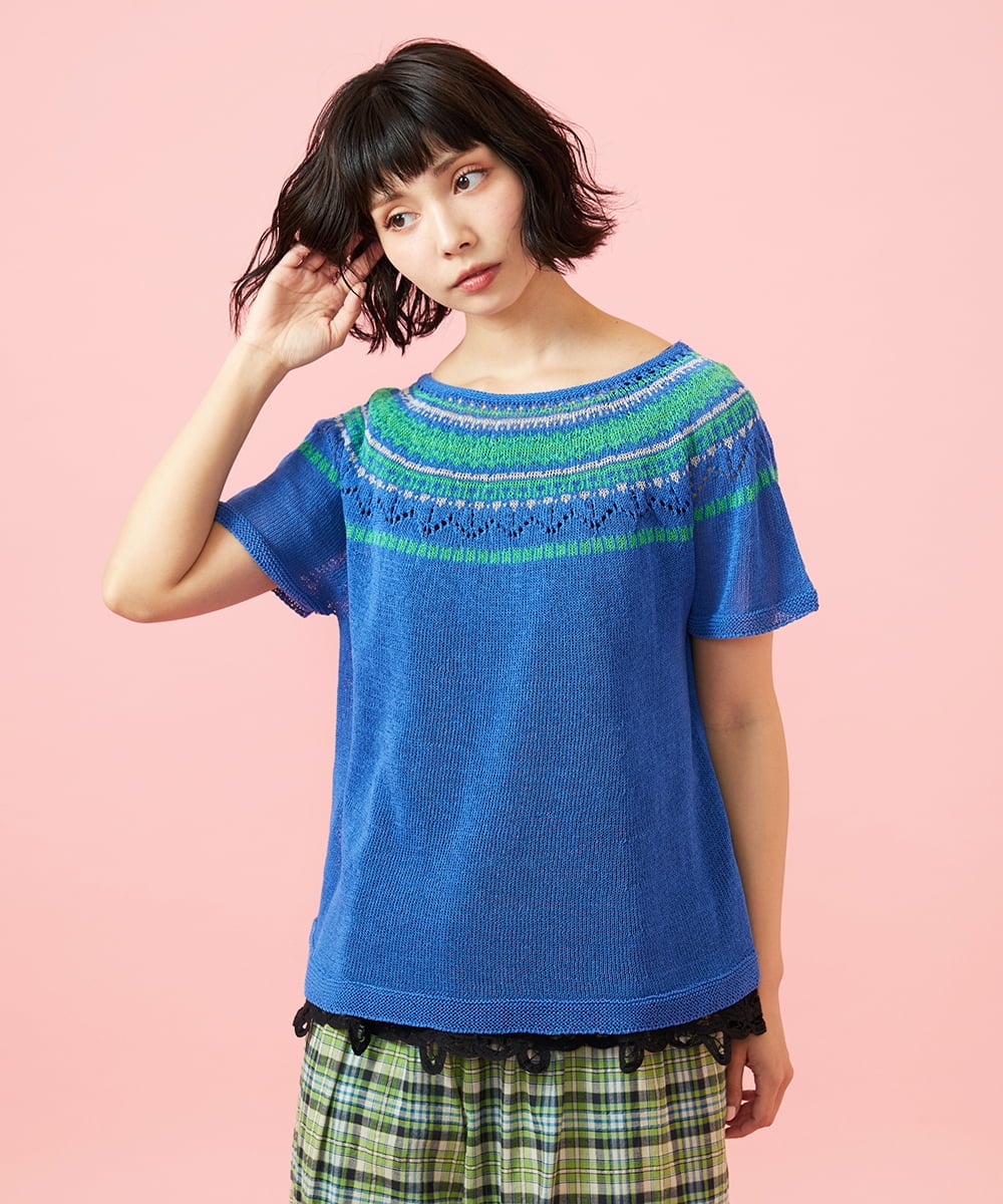 GJFGE33200 Jocomomola(ホコモモラ) Washi サマーニットプルオーバー ブルー