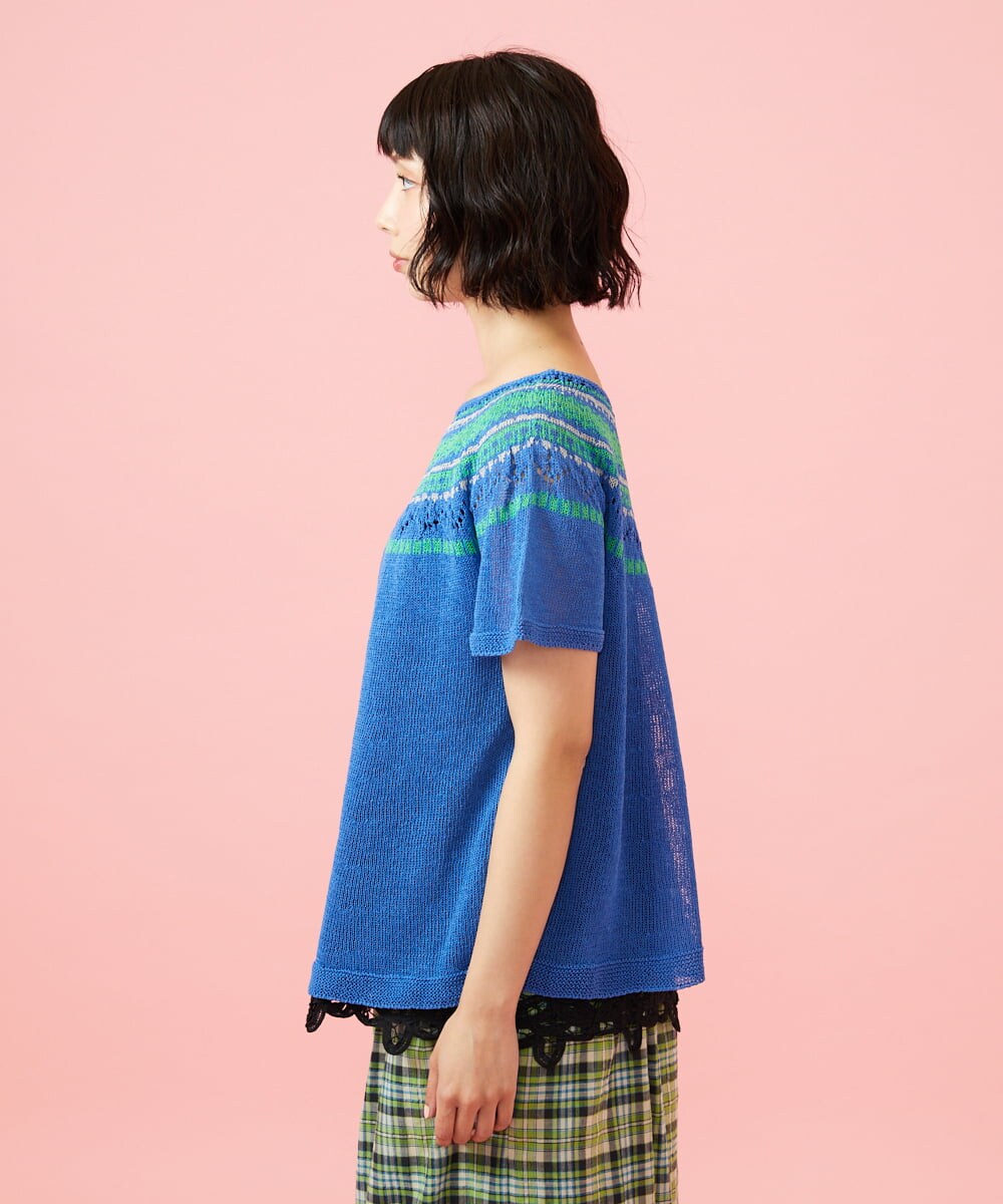 GJFGE33200 Jocomomola(ホコモモラ) Washi サマーニットプルオーバー ブルー