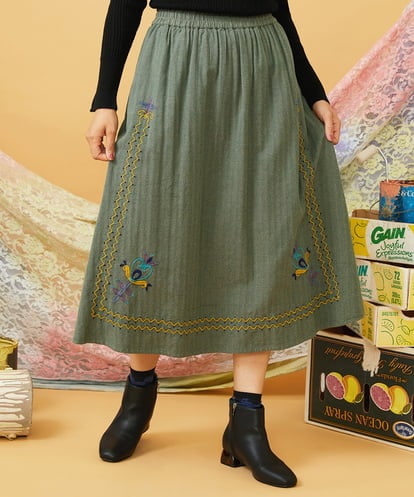 GJHLD33200  フラワー刺繍ヘリンボーンギャザースカート
