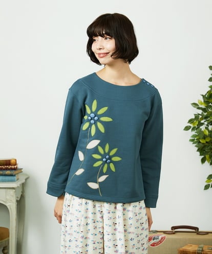 GJKDD01200 Jocomomola Palominos flor フラワーアップリケカットソー