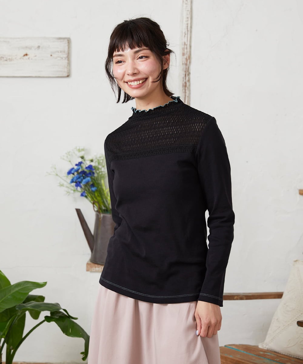 GJKFD33110 Jocomomola(ホコモモラ) フライス幾何レースドッキングカットソー ブラック