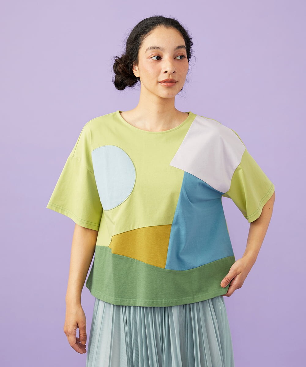 GJKGD02200 Jocomomola(ホコモモラ) 【接触冷感】T/C天竺 アップリケTシャツ グリーン