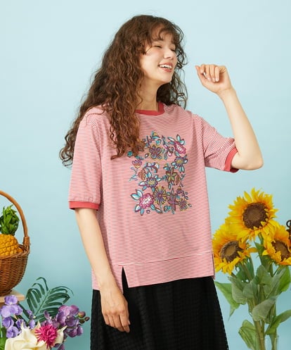 GJKHD02180 Jocomomola 【接触冷感】Verano en La Mancha フラワープリントボーダーTシャツ